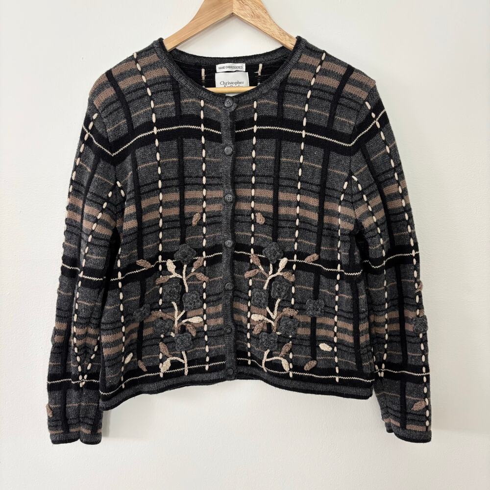 Vintage Knit Cardigan with Hand Embroidered Flowers Womens' Medium Cotton Blend
